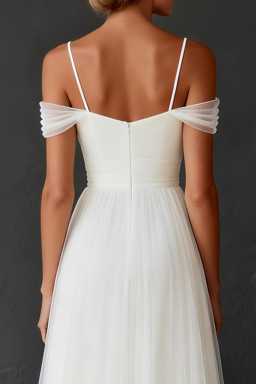 White Tulle Cold Shoulder A Line Sweep Train Wedding Dress