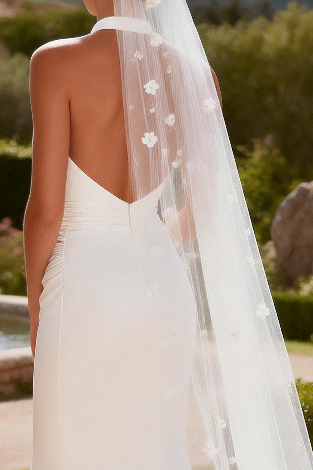 White Halter Keyhole Mermaid Ruched Sweep Train Wedding Dress with Slit