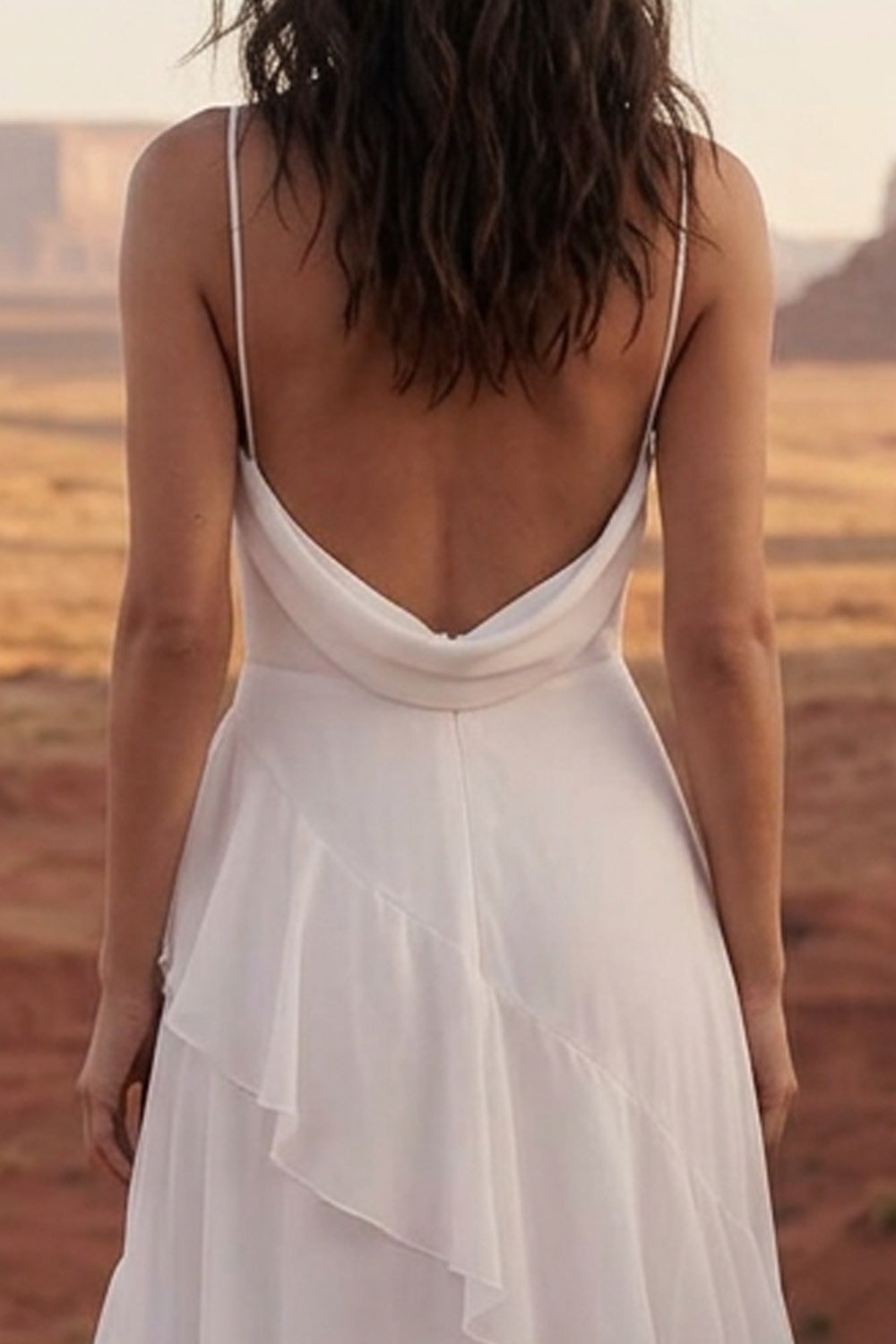 A Line Maxi Ivory Spaghetti Straps Beach Wedding Dress with Ruffles