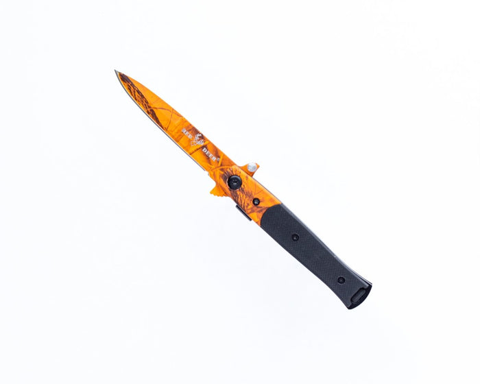 Assisted Opening Pocket Knife with Black Handle and Hunters Orange Camo Blade - AnyTime Blades