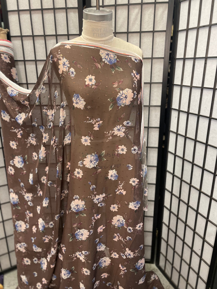 Floral Poly Chiffon - Brown, Pink, Blue and Gold