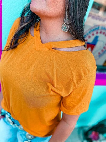 Mustard Cutout Vneck Tee