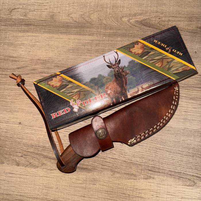 Red Deer® 8" Full Tang Hunting Knife – Stainless Steel Blade, Dual-Tone Wood Handle & Leather Sheath