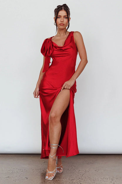 Averie Bow Shoulder Split Midi Dress Red