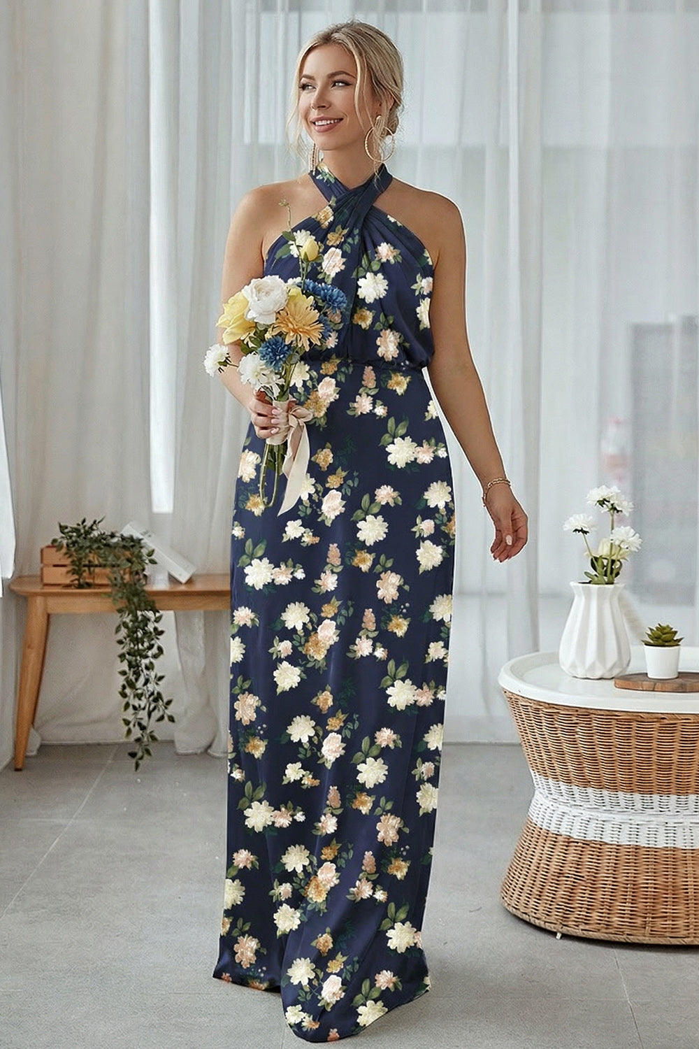 Floral Navy Bloom Plus Size Sheath Halter Long Bridesmaid Dress