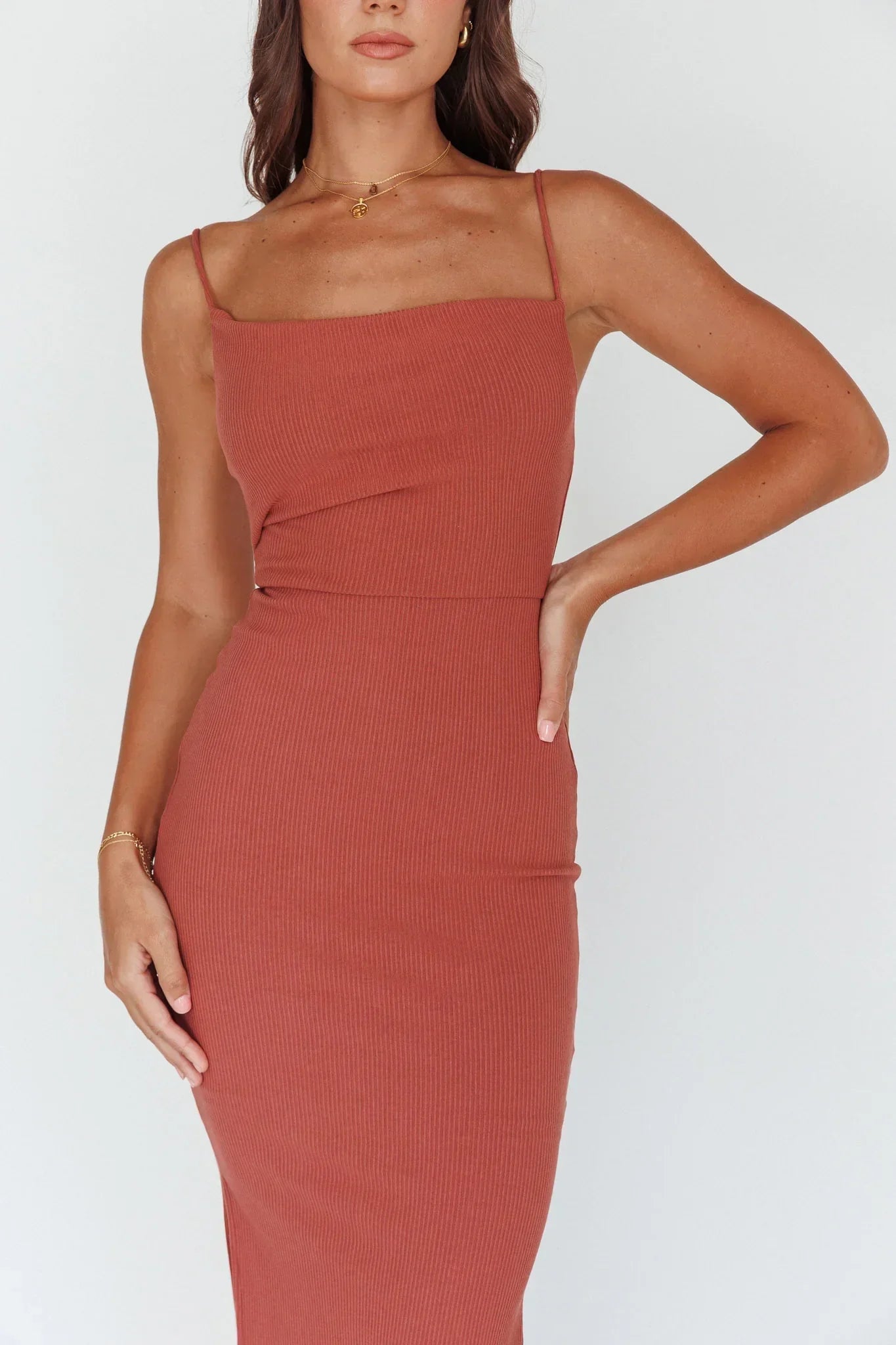 Frieda Cowl Neck Side Split Ribbed Midi Dress Rust