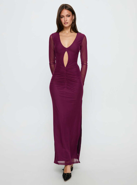 Darkside Long Sleeve Cut Out Plunge Maxi Dress Plum