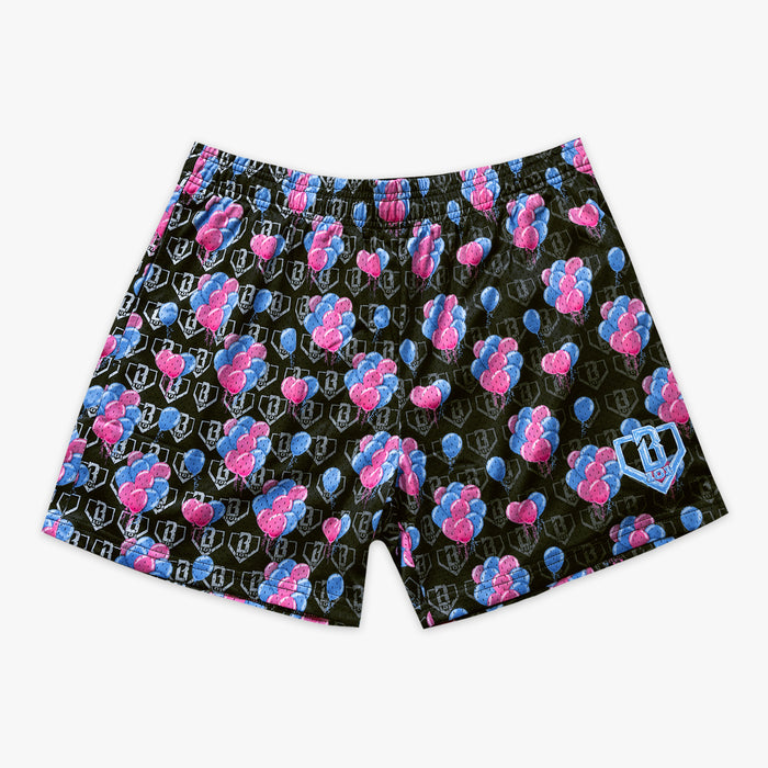 Blue youth shorts with "10 Year Anniversary" design — front view