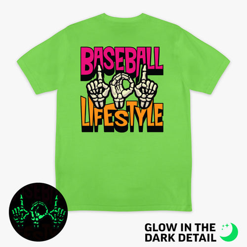 Green graphic tee with glow-in-the-dark "101 Skeleton" detail