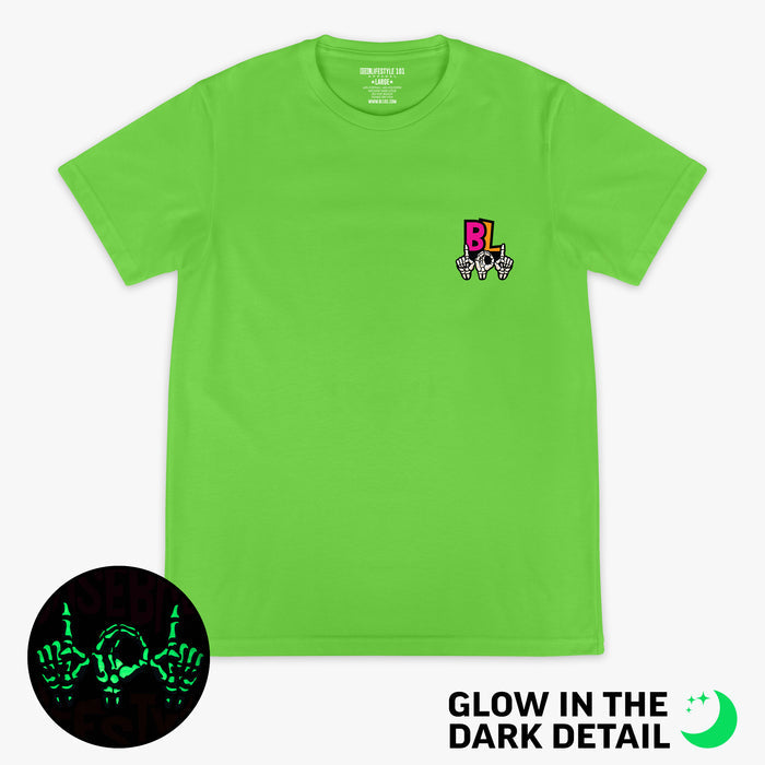 Green graphic tee with glow-in-the-dark "101 Skeleton" detail