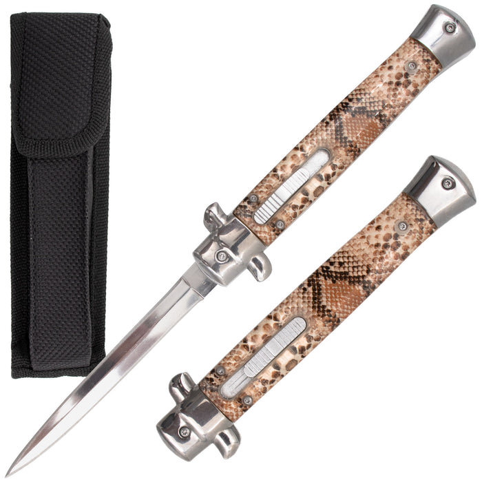 10 Inch Automatic OTF Stiletto Available in Blue Pearl, White Pearl, Wood, Golden Pearl, and Snake Skin Acrylic Handles - AnyTime Blades