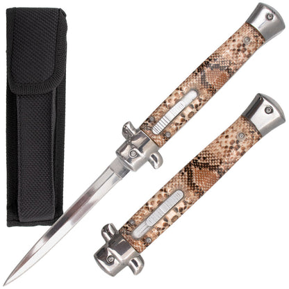 10 Inch Automatic OTF Stiletto Available in Blue Pearl, White Pearl, Wood, Golden Pearl, and Snake Skin Acrylic Handles - AnyTime Blades