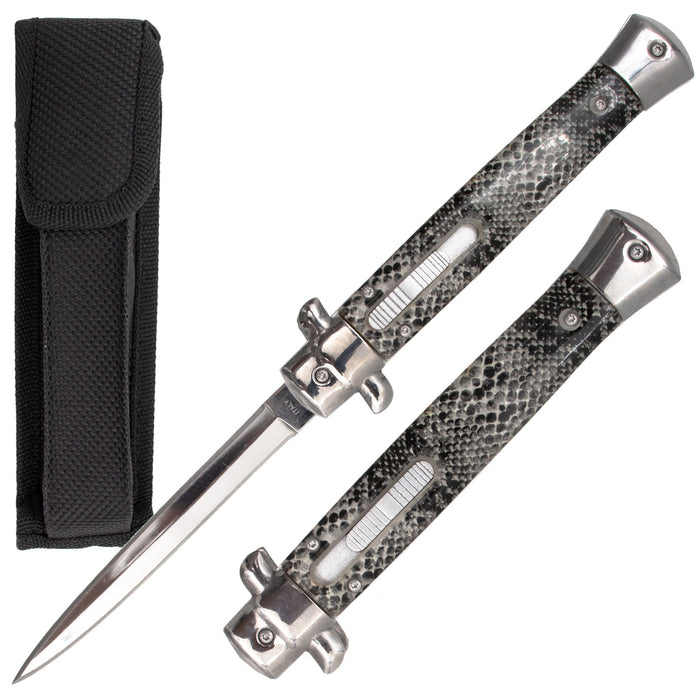 10 Inch Automatic OTF Stiletto Available in Blue Pearl, White Pearl, Wood, Golden Pearl, and Snake Skin Acrylic Handles - AnyTime Blades