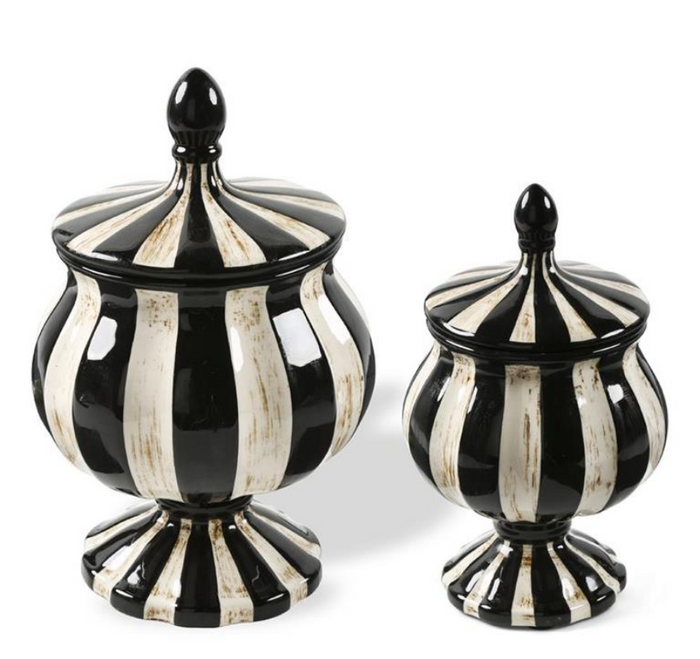 15" Blk & Wht Striped Ceramic Jar
