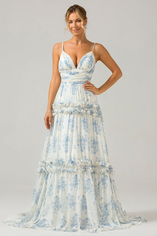 White Blue Flower A Line Long Bridesmaid Dress with Ruffles