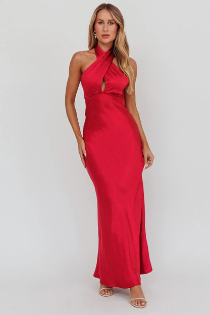 Honeymoon Crossover Halterneck Maxi Dress Wine