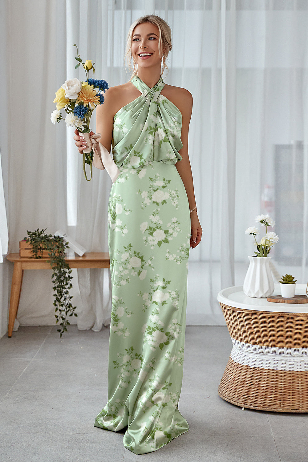 Floral Navy Bloom Plus Size Sheath Halter Long Bridesmaid Dress