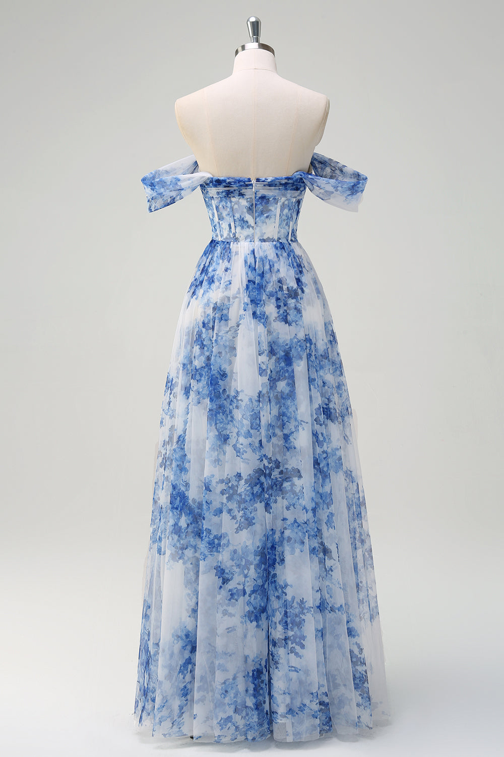 Plus Size White Blue Floral Off The Shoulder Long Bridesmaid Dress with Slit