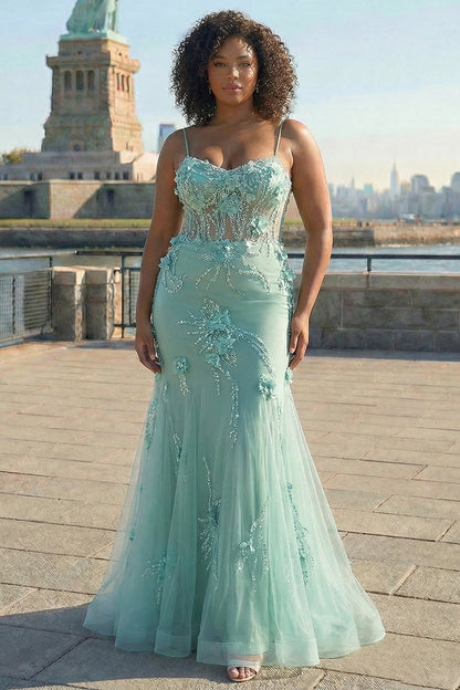 Plus Size Sparkly Blue Floral Mermaid Long Prom Dress with 3D Flowers