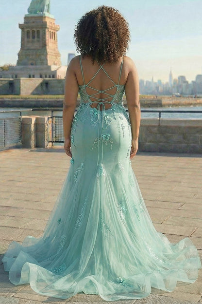 Plus Size Sparkly Blue Floral Mermaid Long Prom Dress with 3D Flowers