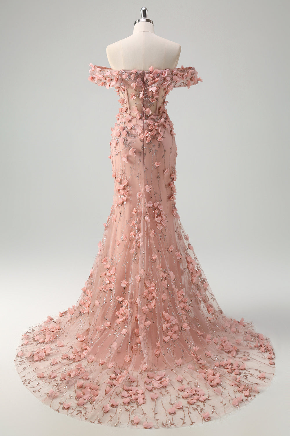 Plus Size Floral Blush Off the Shoulder Mermaid  Slit Long Prom Dress