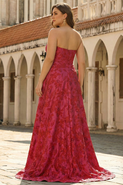 Plus Size Fuchsia Strapless Floral A Line Strapless Long Prom Dress with Slit