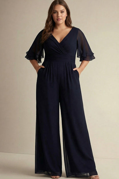 Plus Size Navy Chiffon V-Neck Half Sleeves Mother of the Bride Jumpsuits