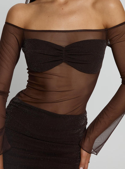 Briseida Mesh Long Sleeve Mini Dress Chocolate