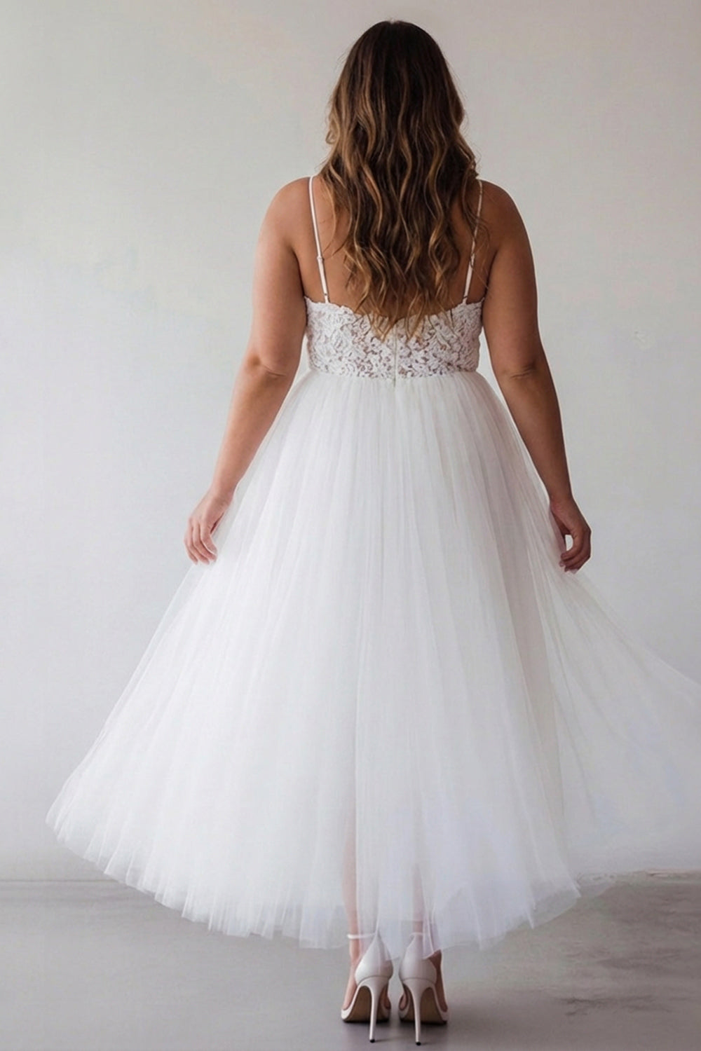 Plus Size Lace White A Line Tulle Tea Length Graduation Dress