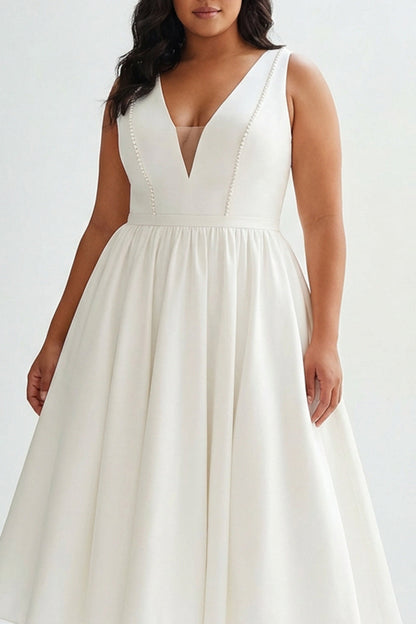 Plus Size Matte Satin A Line V-Neck Long Graduation Dress