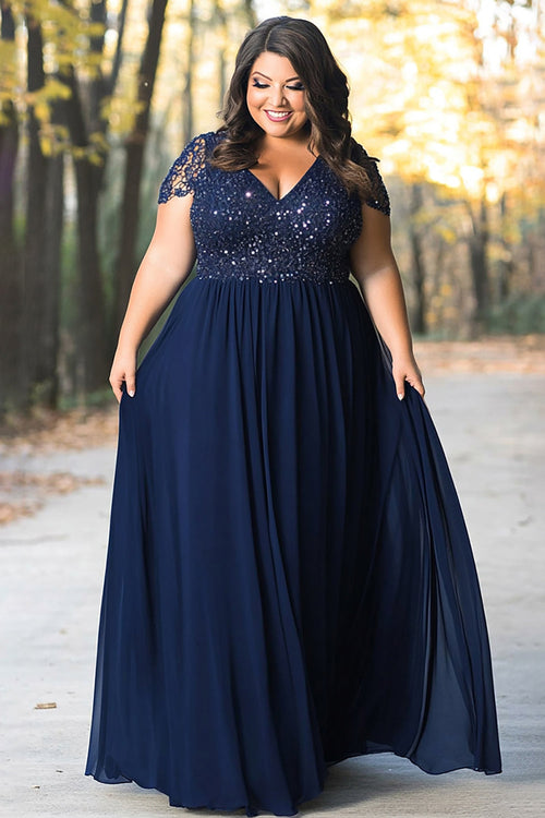 Navy Plus Size Lace A Line Long Mother of the Bride Dress