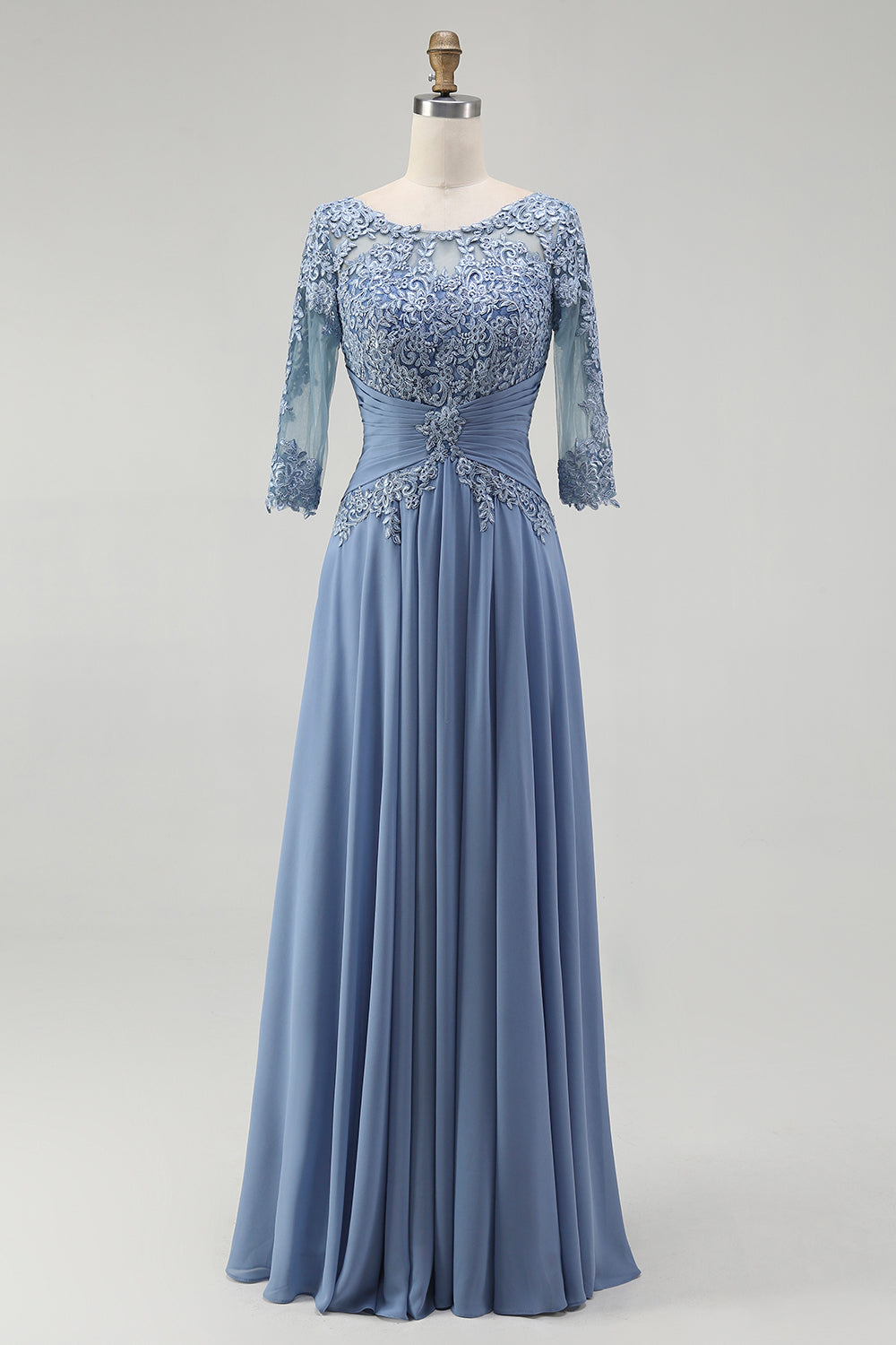 Dusty Blue Illusion Neck Plus Size Long Mother of the Bride Dress