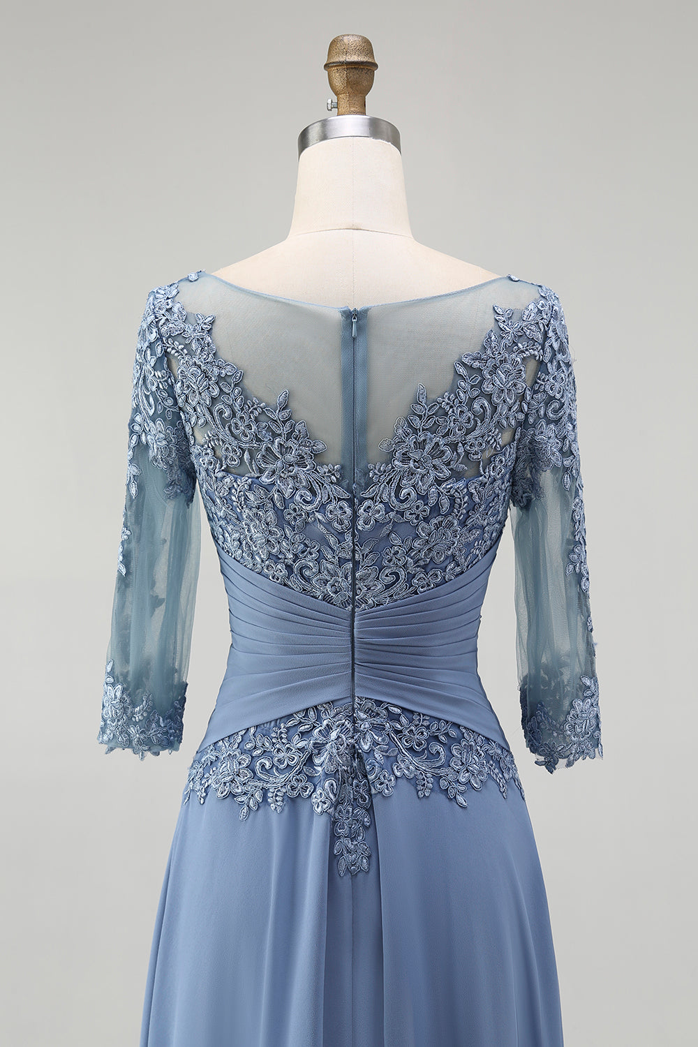 Dusty Blue Illusion Neck Plus Size Long Mother of the Bride Dress