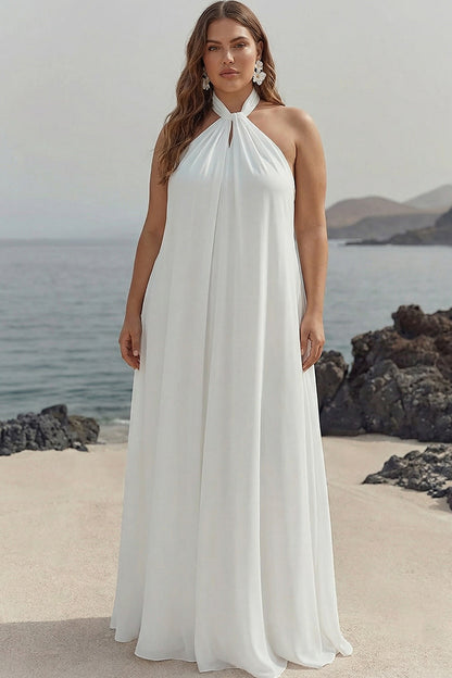 Plus Sise White Chiffon A Line Halter Long Rehearsal Dinner Dress