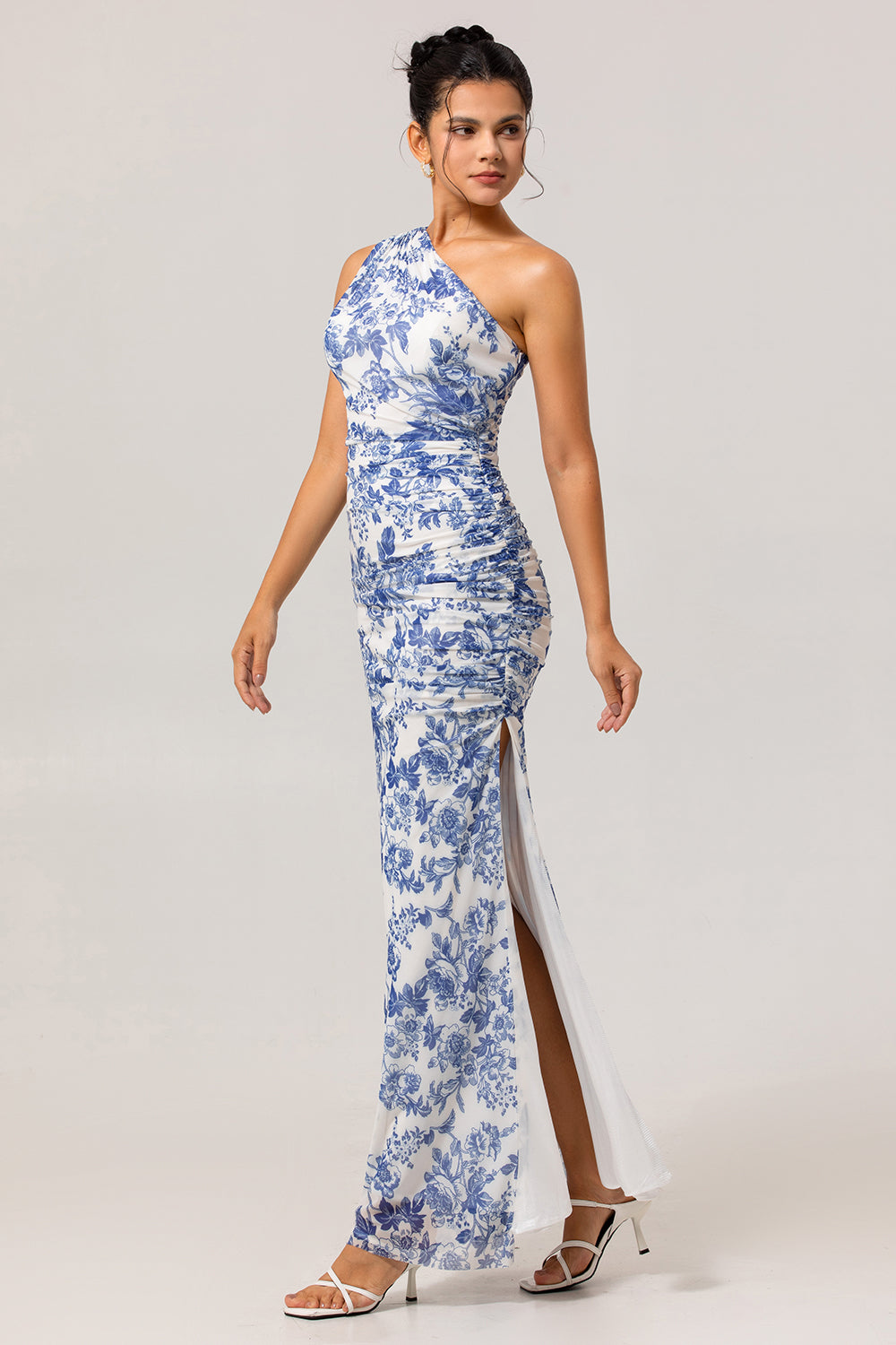White Blue Floral One Shoulder Long Bridesmaid Dress with Slit
