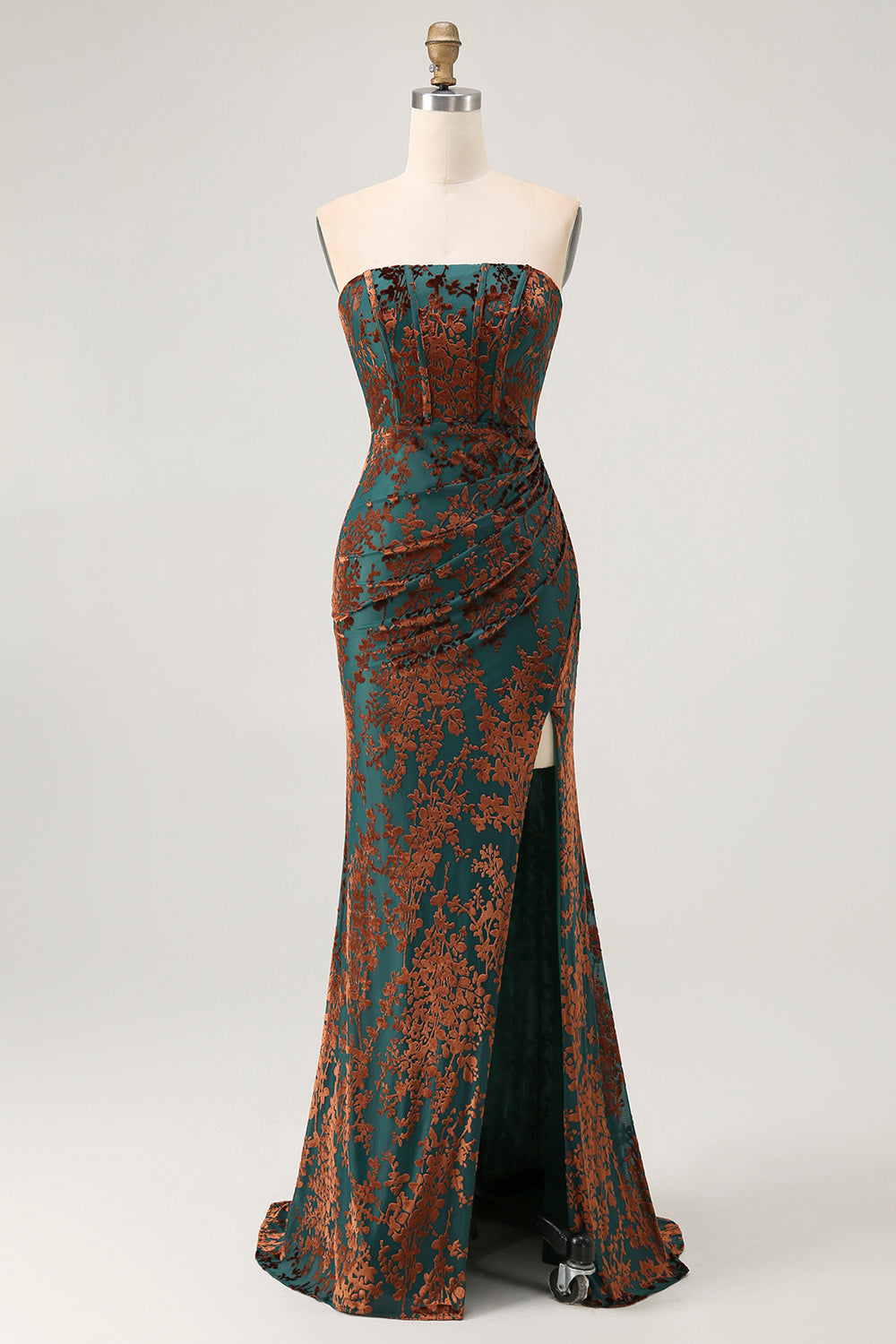 Peacock Green Strapless Corset Long Velvet Bridesmaid Dress with Slit