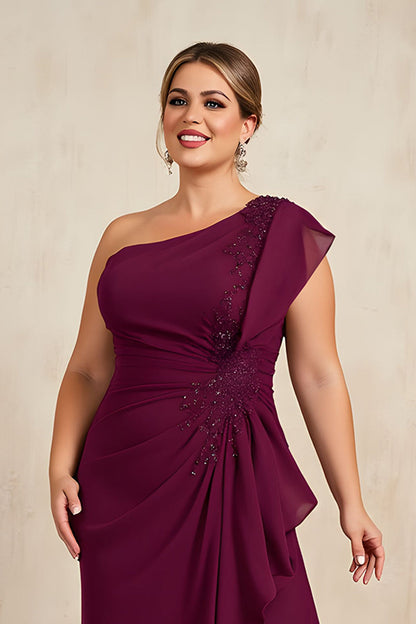 Burgundy Sheath Ruched Long Plus Size Mother of the Bride Dress with Beading