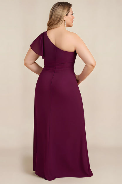 Burgundy One Shoulder Ruched Long Plus Size Mother of the Bride Dress