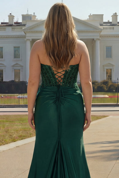 Sparkly Plus Size Dark Green Beaded Ruched Mermaid Long Corset Prom Dress with Slit