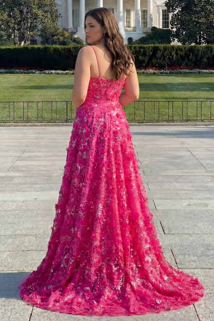 Floral Plus Size Fuchsia A Line Long Corset Prom Dress with Beading