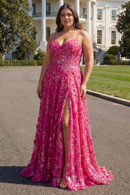 Floral Plus Size Fuchsia A Line Long Corset Prom Dress with Beading