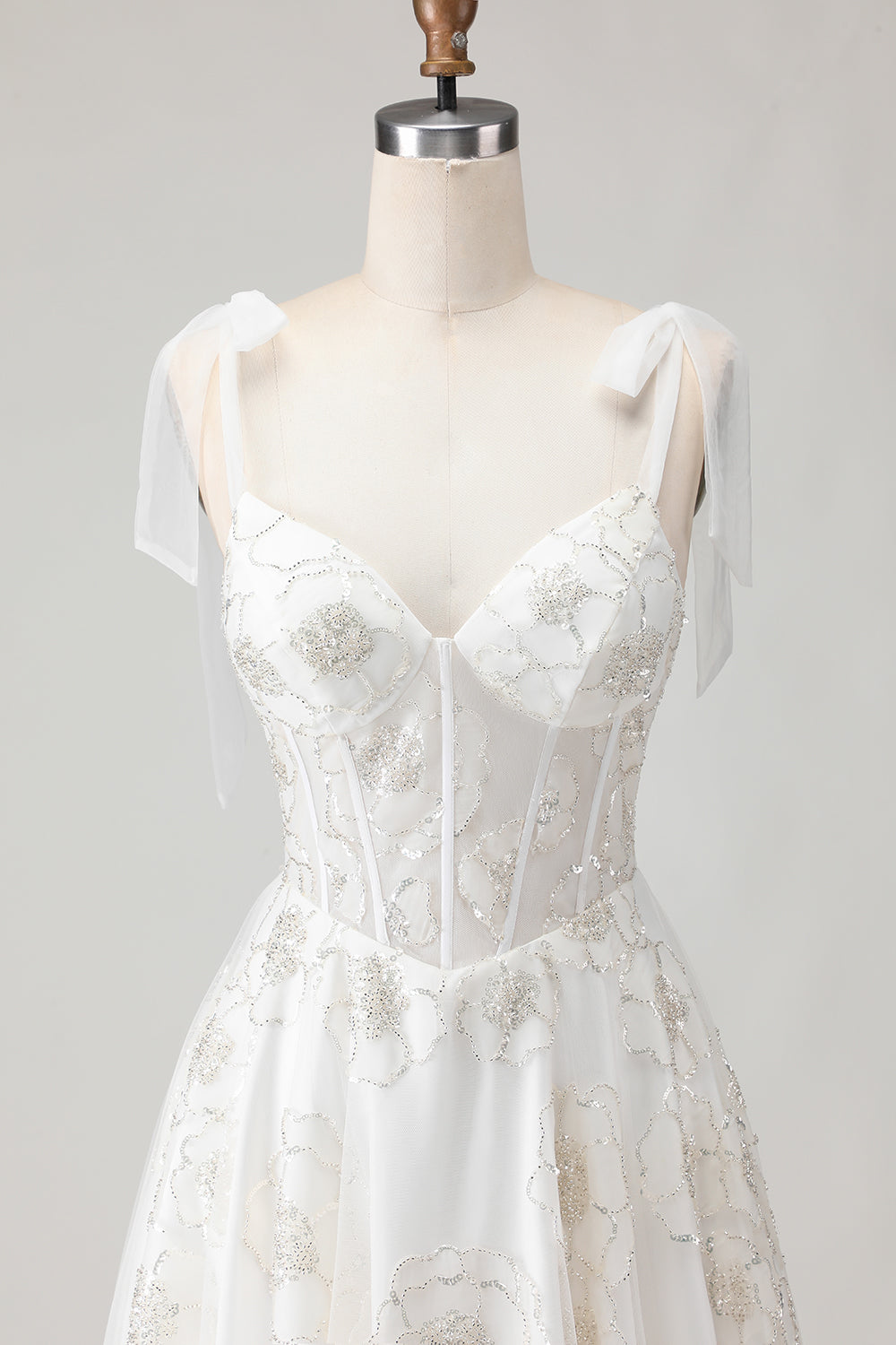 Sparkly White Floral A Line Long Corset Wedding Dress with Beading