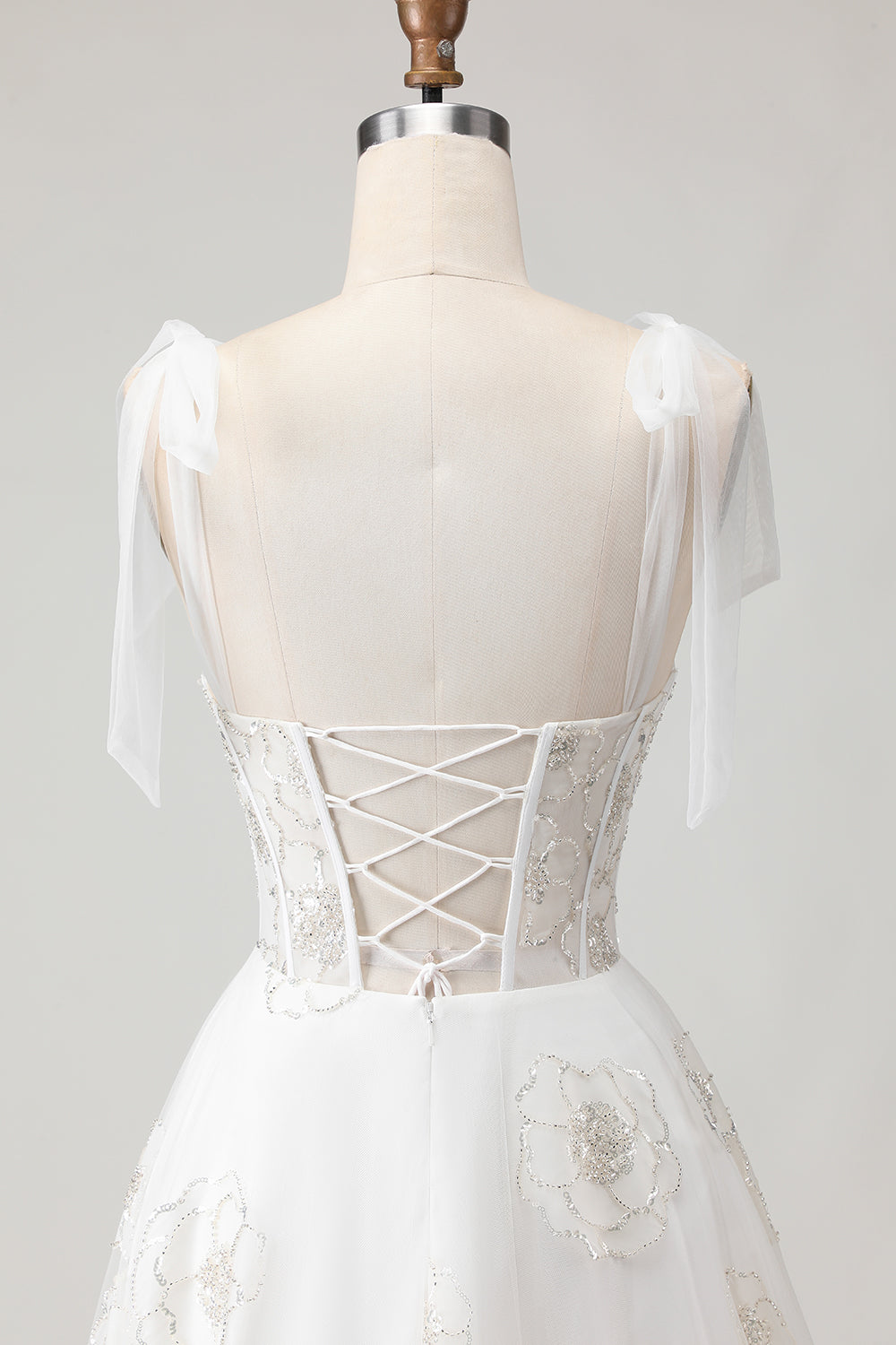 Sparkly White Floral A Line Long Corset Wedding Dress with Beading