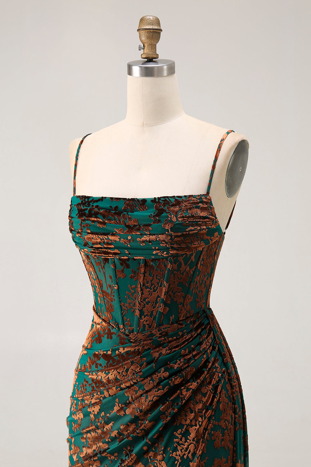 Dark Green Corset Velvet Floral Long Wedding Guest Dress with Side Cape