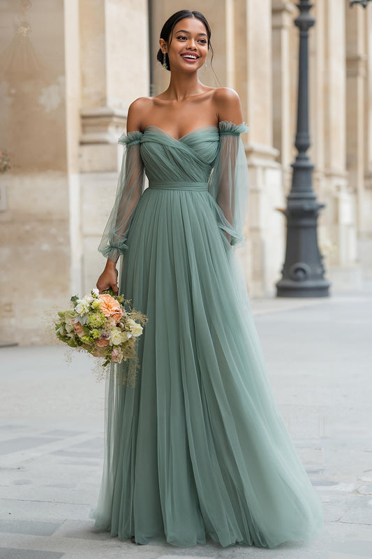 Eucalyptus Off the Shoulder Tulle A-Line Long Bridesmaid Dress with Sleeves