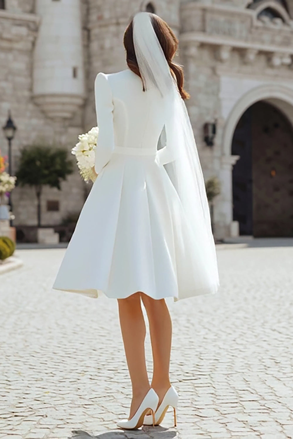 Ivory Satin A Line Round Neck Short Wedding Dress with Sleeves