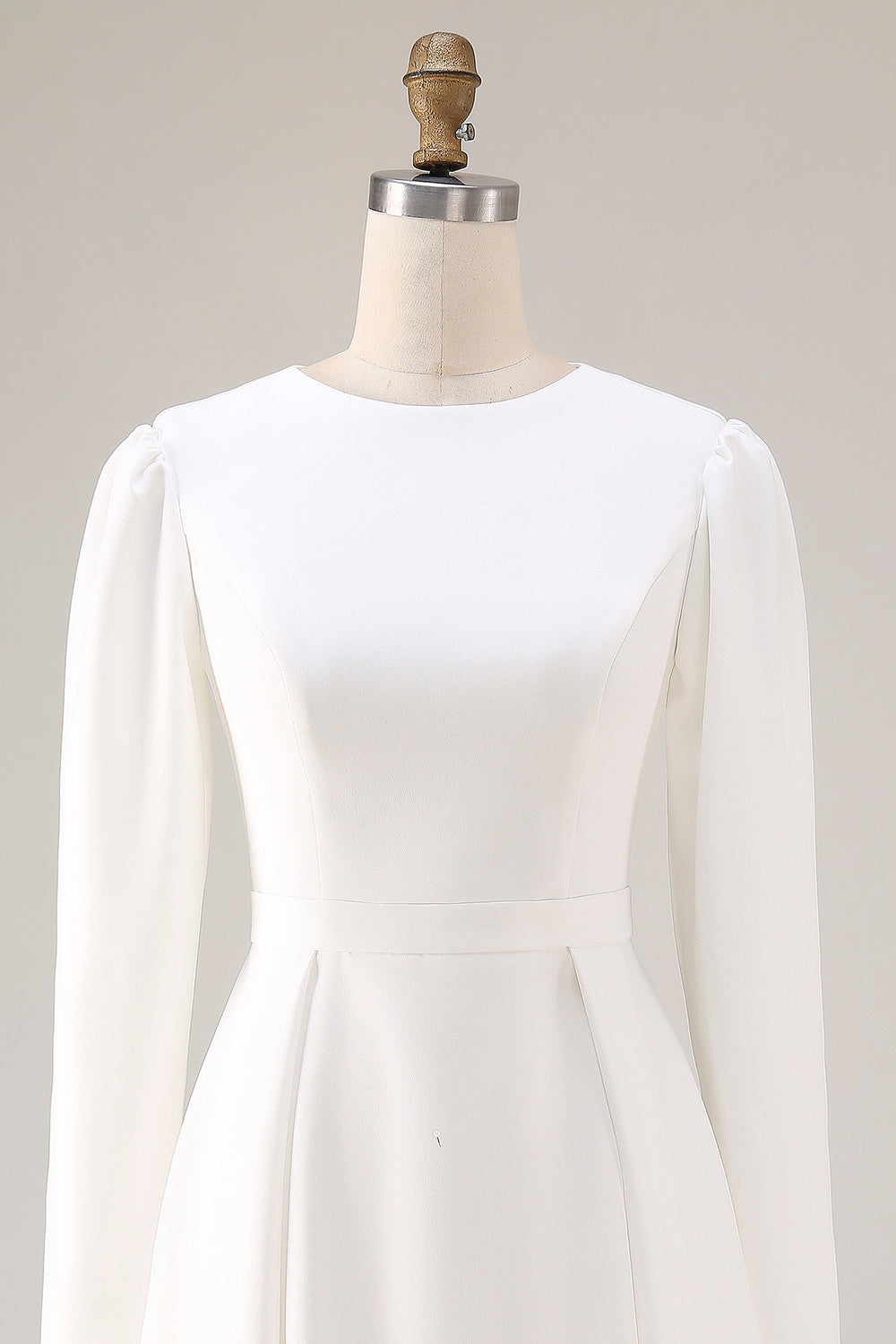 Ivory Satin A Line Round Neck Short Wedding Dress with Sleeves