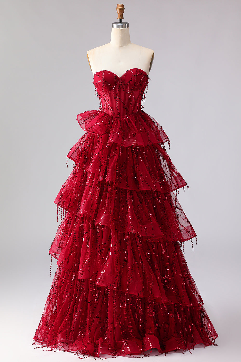 Sparkly Plus Size Burgundy Sweetheart Ruffled A Line Long Corset Prom Dress