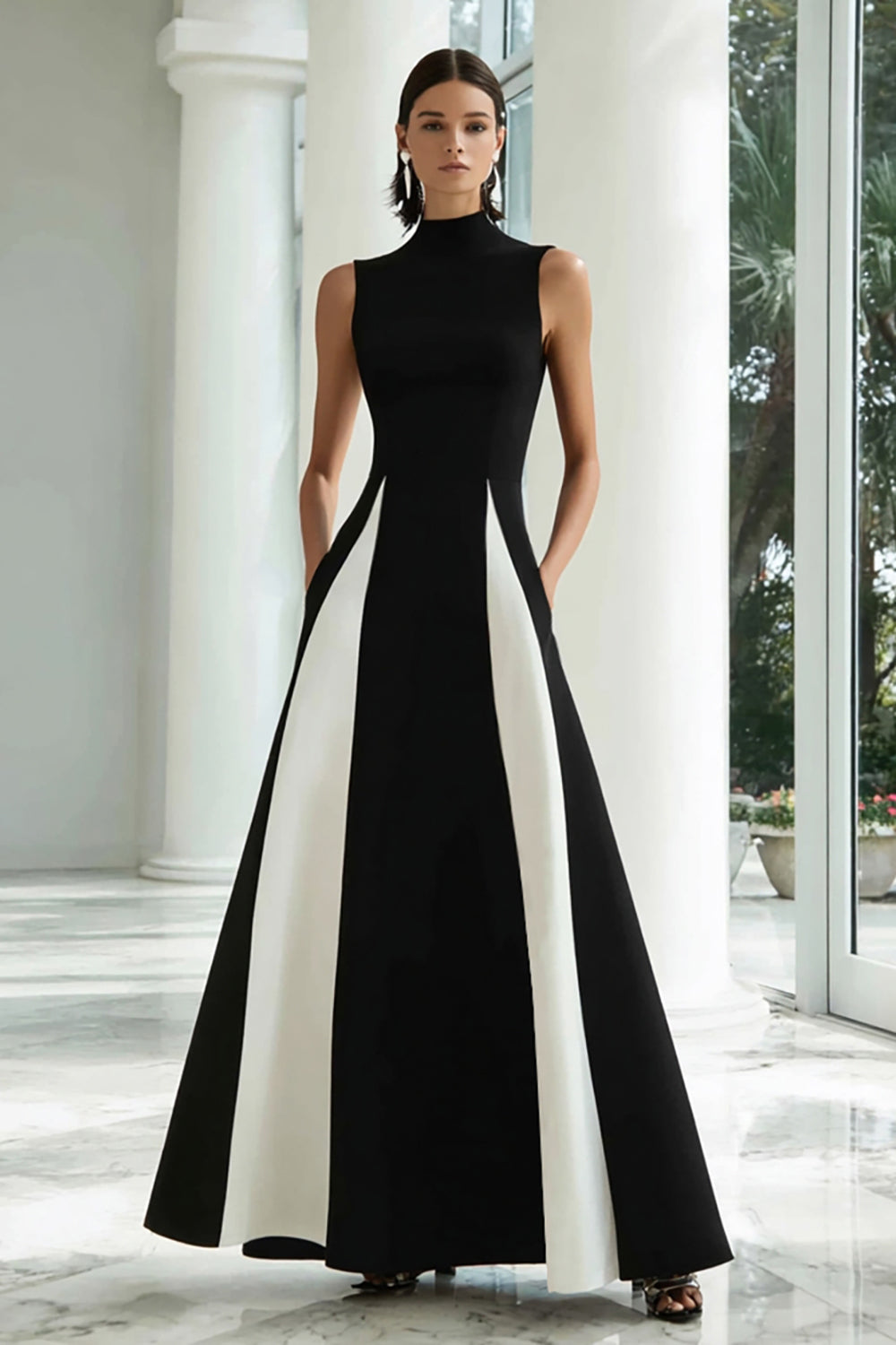 Plus Size Black and White High Neck A Line Long Formal Dress