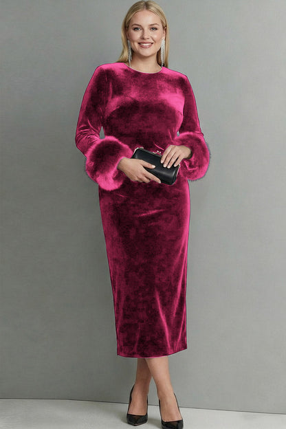 Plus Size Dark Blue Velvet Crew Neck Sheath Long Sleeves Formal Dress with Feather